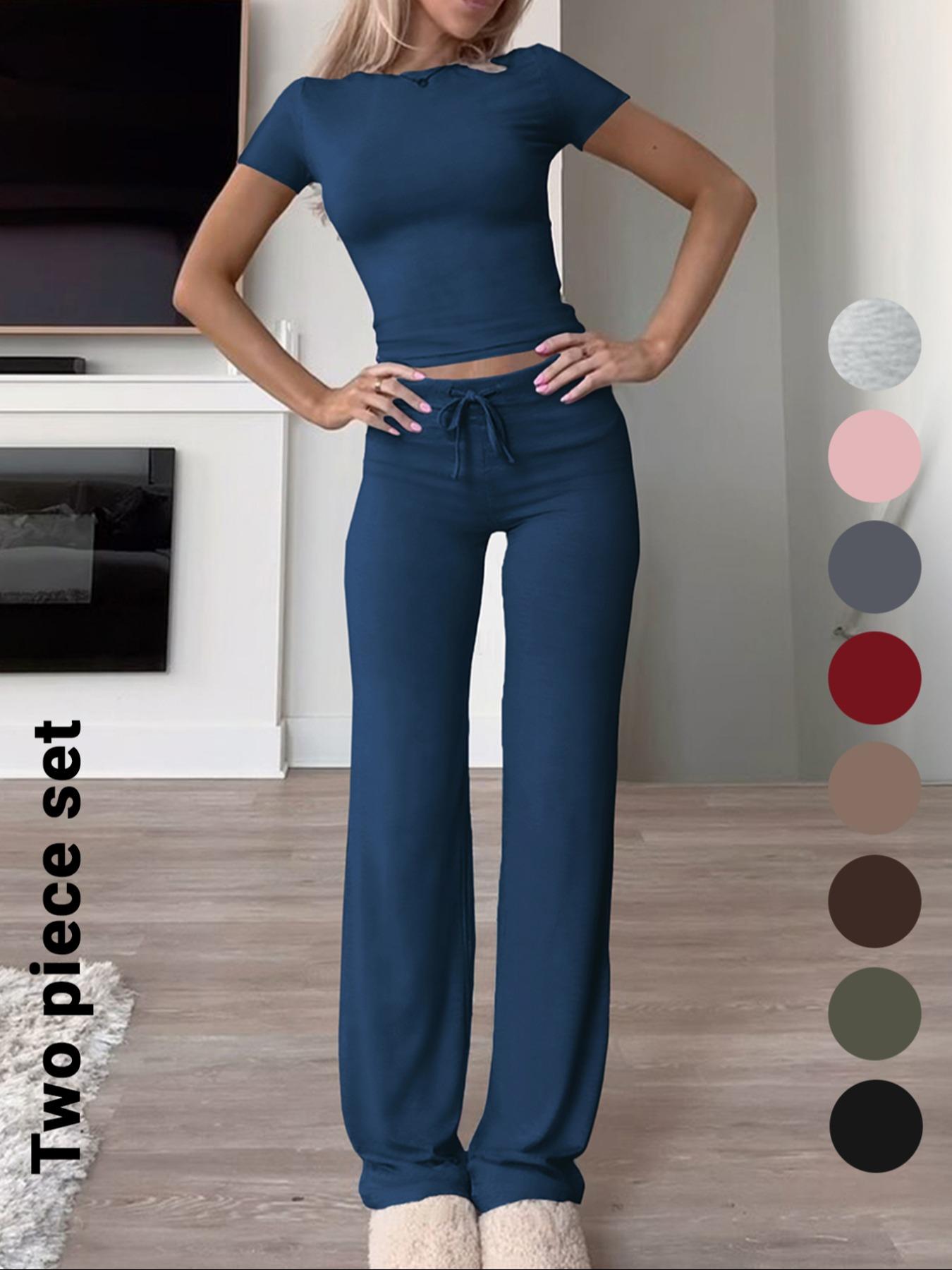 Women's Solid Short Sleeve Two-piece Set, Casual Round Neck Crop Tee & Drawstring High Waist Trousers for Daily Wear, Ladies Summer Clothes