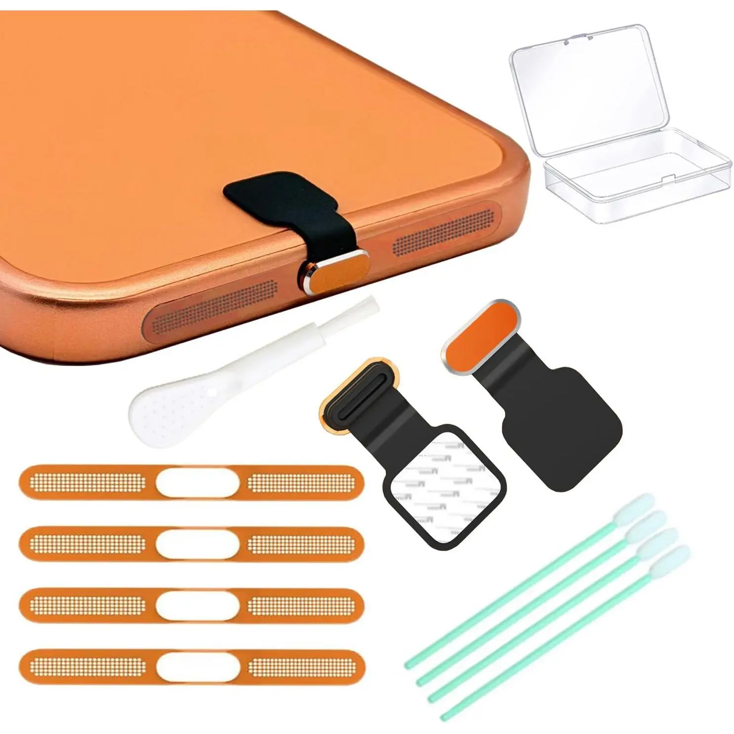 [2-Pack] Metal Phone Anti-Lost Dust Plug, Type-C Cover Cap, Metal Mesh Speaker Dust Cover, Cell Phone Cleaning Kit with Brush Port Plug Set Accessories for iPhone17 Pro/Pro Max (Orange 17 Max)