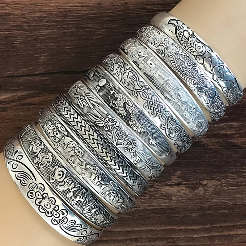 Vintage Tibetan Silver Cuff Bracelet, Hand-Carved Totem Open Bangle, Adjustable Boho Statement Jewelry