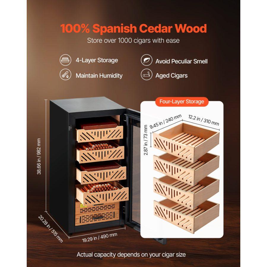 VEVOR Electric Humidor, 105L, 1000 Counts Electric Cigar Humidor Cabinet with Compressor Cooling, Constant Humidity Temperature Control, Spanish Cedar Wood Shelves Drawers, 4 Layers, for Household