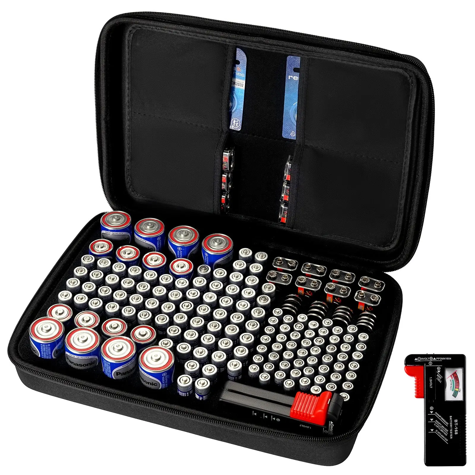 VEVOR Battery Organizer Storage Box, Battery Case Bag with Tester BT-168, Waterproof Batteries Organizer Storage Case with Zipper, Holds 167 Batteries AA AAA C D 9V Button, Black (Box Only)
