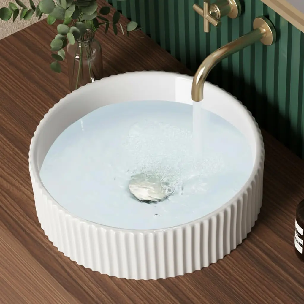 KES Round Vessel Sink for Bathroom Vanity Countertop, Above-Counter Install for RV & Small Lavatory Spaces, Fluted Texture Suits Vintage to Modern Styles, White Ceramic, 16 In, Model BVSC129