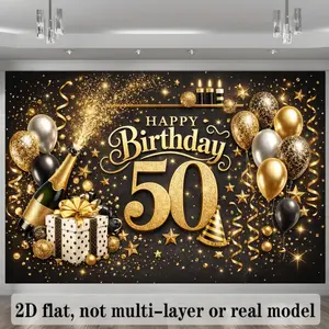 2D Flat, 2D Flat Banner Luxury 50th Birthday Party Backdrop, Featuring a Golden Shimmering Number "127.0cm with a Lit Candle Design, Paired with "Happy Birthday" in Golden Letters at the Top of a Black Banner, Golden and Black Balloons