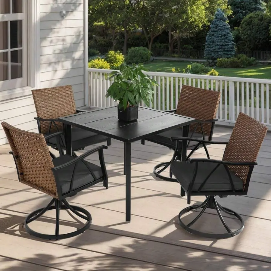 5-Piece Patio Dining Set 4, Outdoor Wicker Furniture Set Backyard Deck Poolside With 4 Cushions Swivel Rocker Chairs, Steel Table Top, Removable Cushions
