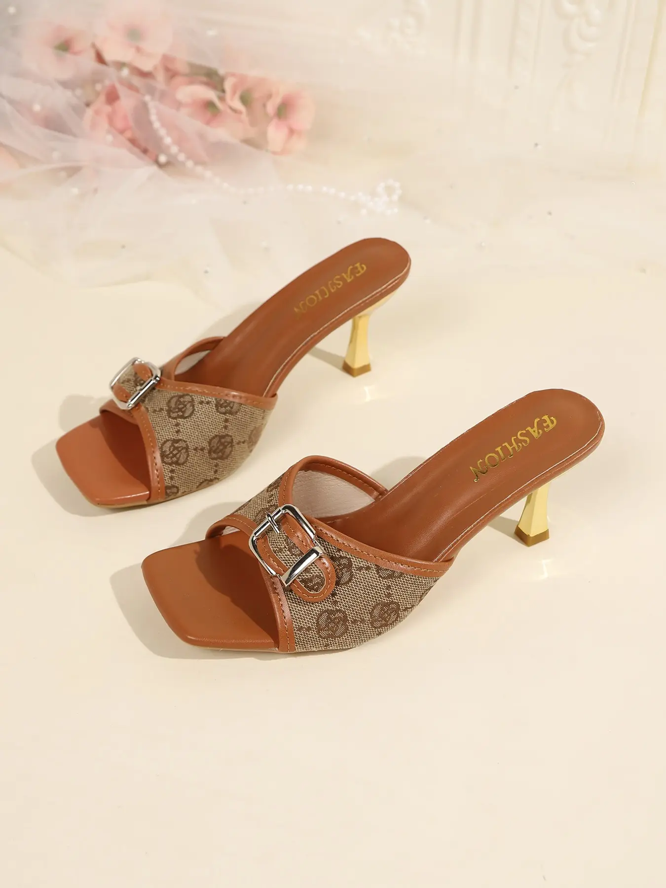 Elegant Open Toe Mules for Women, Luxury Monogram Pattern Mid Heel Dress Sandals, Stylish Footwear for Special Occasions