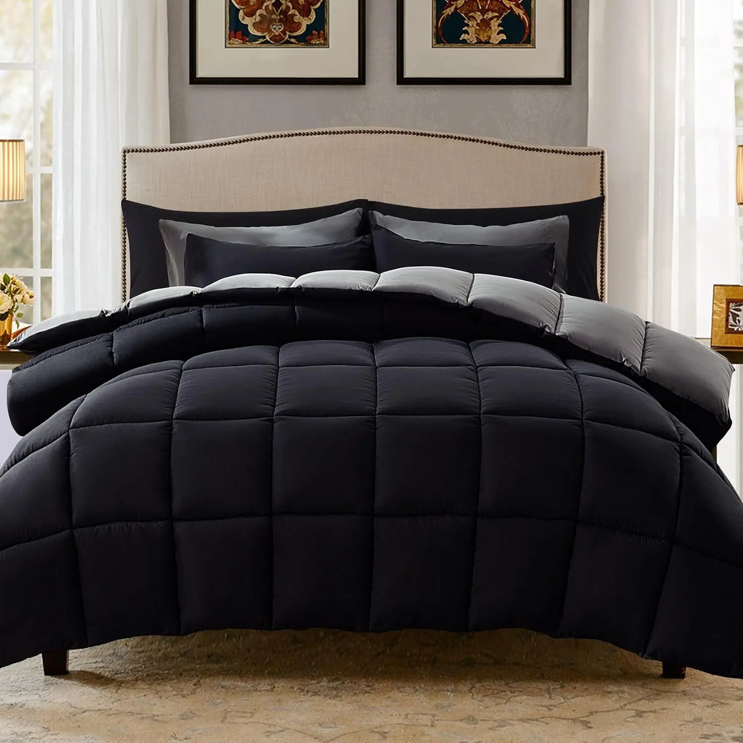 Lightweight Full Comforter Set with 2 Pillow Sham - 3 Pieces Set - Quilted Down Alternative Comforter/Duvet Insert for All Season - Black/Grey - Full Size