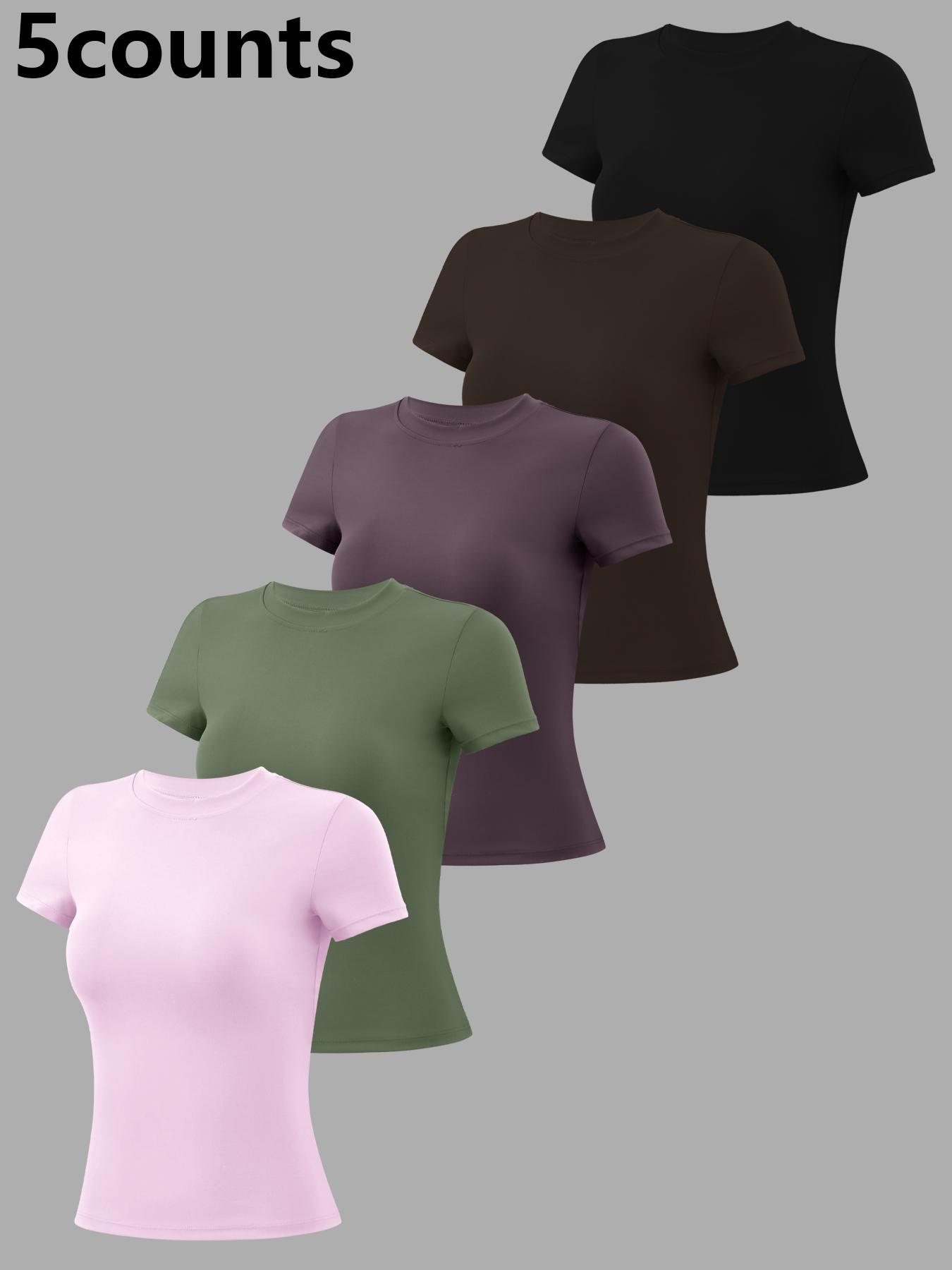 5 Women's Patchwork High Elastic Soft & Comfortable Round Neck Flat Shoulder Short Sleeve Yoga Clothes, Athletic Activewear, Four Seasons Outdoor Running, Cycling, Mountain Walking, Home T-shirt Gym Training