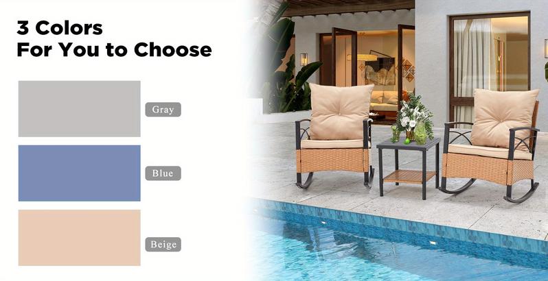 Patio Rattan Rocking Chairs Set of 3, Outdoor Dining Chairs with Cushion and Coffee Table, Patio Rocker Chair Set for Porch and Backyard Beige Patio Rattan Rocking Chairs Set of 3, Outdoor Dining Chairs with Cushion and Coffee Table, Patio Rocker Chair Set for Porch and Backyard Beige