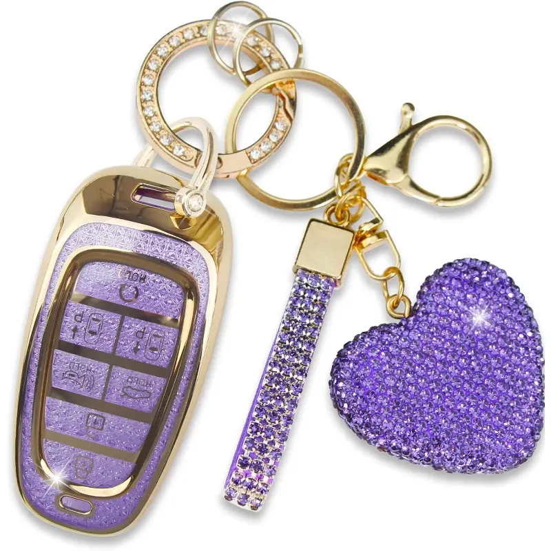 Stylish Purple Crystal Key Fob Cover 7 Button Fit Hyundai Sonata Tucson Santa Fe 2022-2024