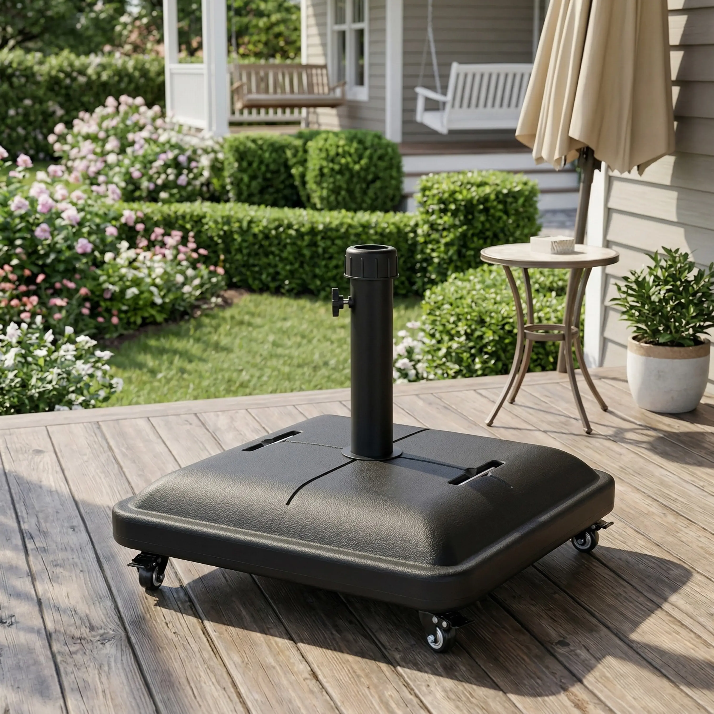 ARCH Heavy Duty 90 lb Square Umbrella Stand with Wheels, Black Concrete Resin Outdoor Patio Base for 32-48mm Poles, Weatherproof, Portable, Durable Shell, Stable Filling, Easy-Move Practical Design, Square Base