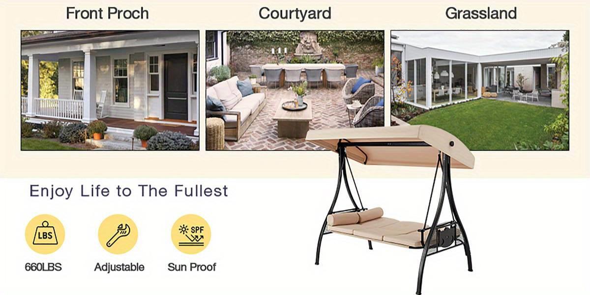 3-Seat Outdoor Swing Chair with Adjustable Backrest, Converts to Lounger Bed, Patio Swing Glider with Removable Cushion & Canopy for Deck, Garden, Backyard, Khaki/Red/Blue/Brown/Gray 3-Seat Outdoor Swing Chair with Adjustable Backrest, Converts to Lounger Bed, Patio Swing Glider with Removable Cushion & Canopy for Deck, Garden, Backyard, Khaki/Red/Blue/Brown/Gray