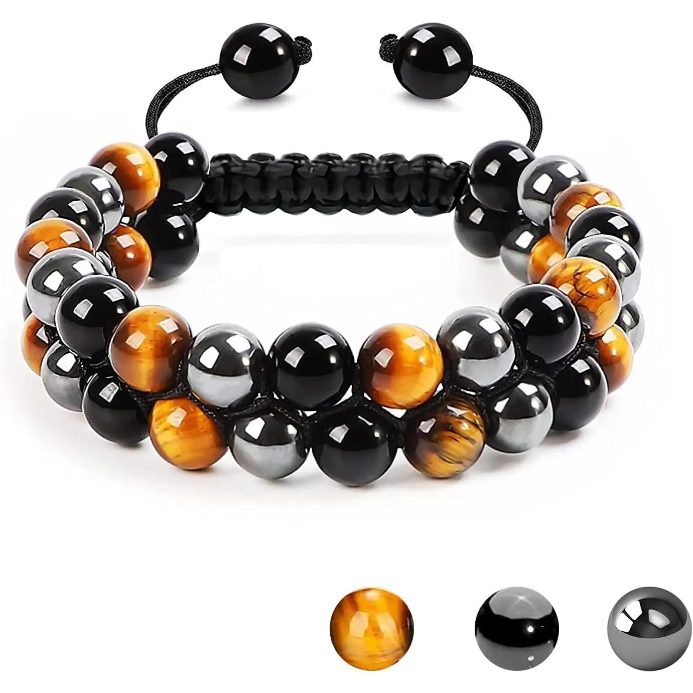 Triple Protection Crystal Bracelet for Men - Handmade Adjustable Size Beaded Bracelet with Tiger Eye, Hematite, Black Obsidian Natural Stones and Crystal Beads for Healing Energy