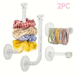 2 Pack Transparent Glitter Hair Tie Organizer | Wall Mount Clear Acrylic Hair Accessory Storage for Hair Ties, Scrunchies & Headbands | Multifunctional Jewelry Holder for Bracelets & Necklaces | Cute Vanity Decor for Women, Girls & Dorm Room