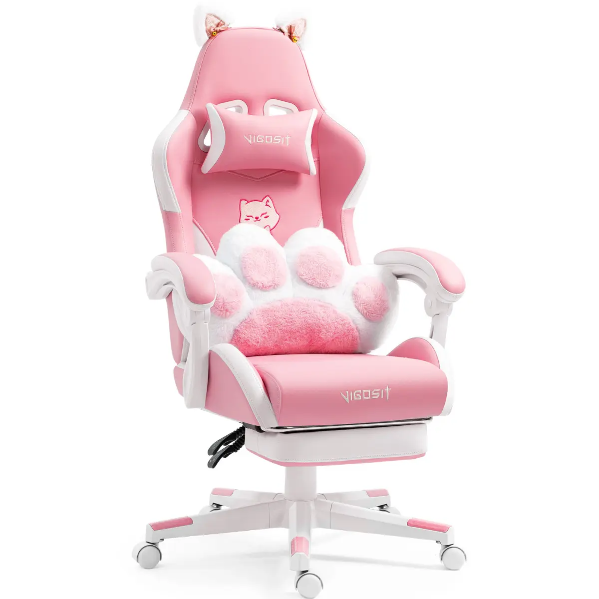 Pink Cute Cat Design Velvet Gaming Chair for Girls Teens, 90°-155° Reclining Desk Chair with Removable Cat Ears & Paw Lumbar Pillow, BIFMA Gas Cylinder 310LBS Heavy Duty Ergonomic Office Study Chair