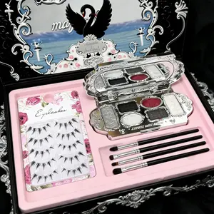 All-in-one makeup set: makeup brush + 6-color embossed eyeshadow palette + false eyelashes, case with elegant engraved design, smoky retro makeup, matte & pearlescent textures, gothic princess style, ideal for avant-garde/alluring makeup