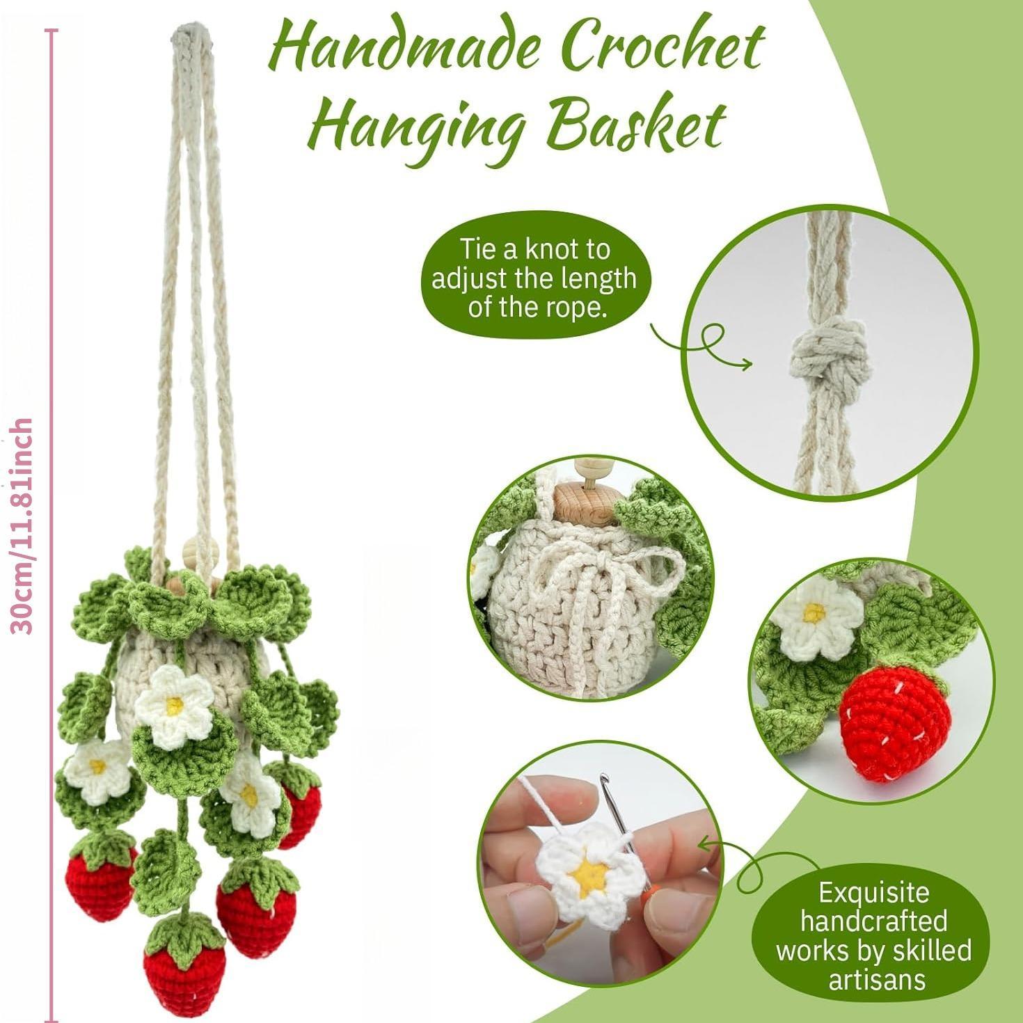 Hanging Car Air Freshener, 12ML Empty Refillable Car Oil Diffuser Bottle with Crochet Strawberry Pot Plant Decor, Car Fragrance, Car Aroma Diffuser, Cute Hanging Car Freshener Diffuser, Crochet Decor for Car Rear View Mirror