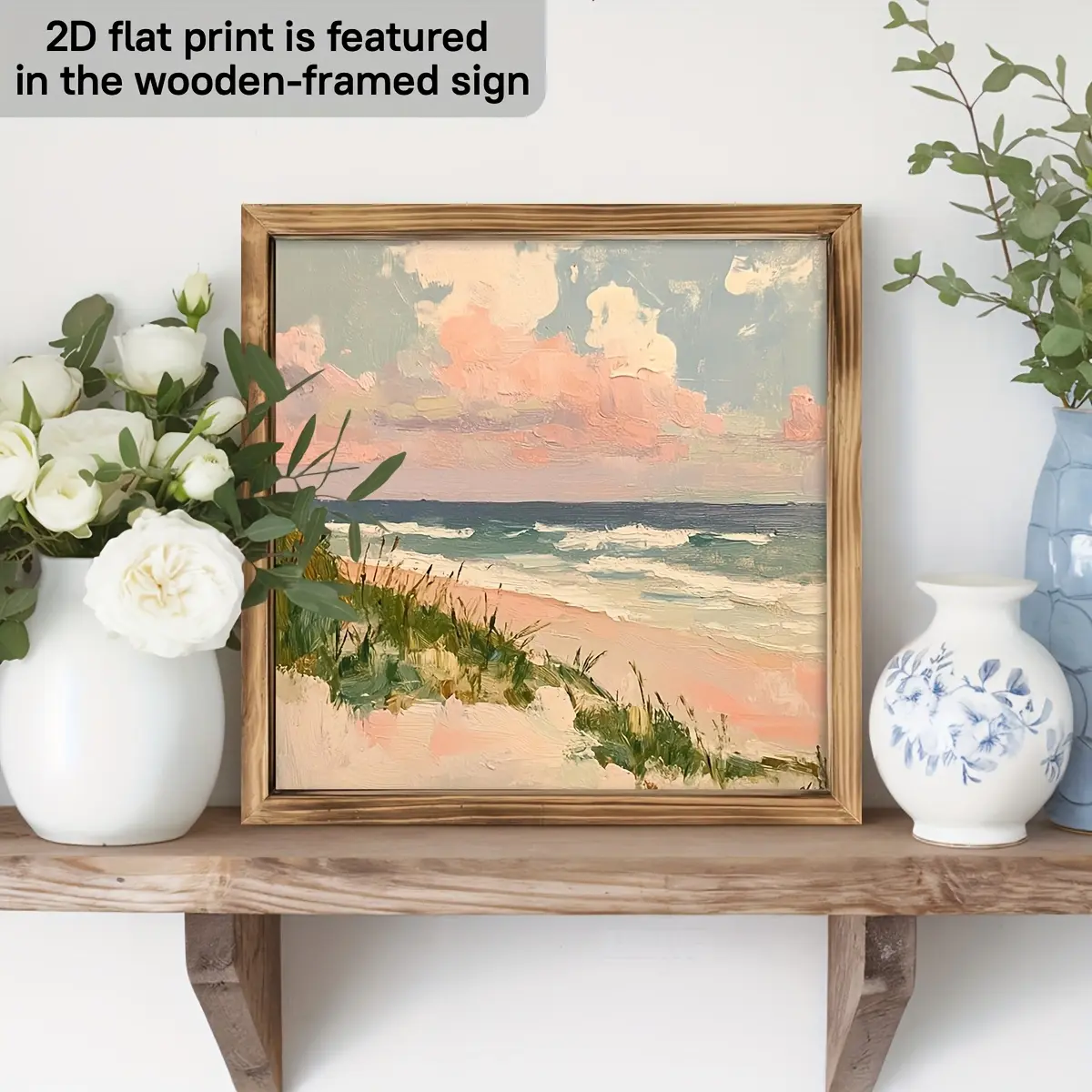 2D Flat, 1pc Rustic Wood Framed Coastal Beach Seascape Wall Art - 8x8 Inch Retro Pink Sky & Waves, Suitable for Living Room, Bedroom, Office Decor, Gallery or Desktop Decoration, Classic Nautical Landscape Picture, 2D Flat