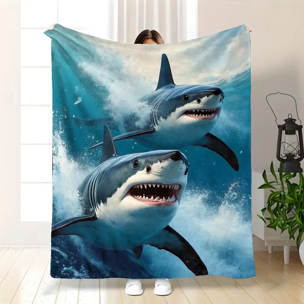Heavyweight 280Gsm Flannel For Shark Throw Blanket - Soft All-Season Cozy For Shark Print Bedspread With Great For Shark & Ocean Design Lab-Tested Thermal Retention Durable & Machine Washable - 4 Sizes( 30X40 To 60X80 Inches) For Bed Couch 280GSM
