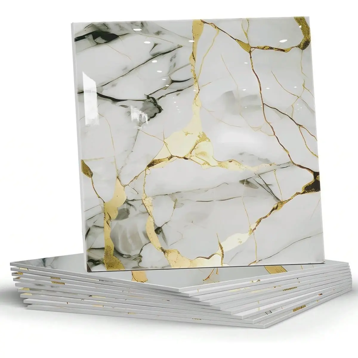 Marble Peel-and-Stick Square Backsplash Tiles (10 Sheets, 12"x12"), Waterproof PVC Self-Adhesive Indoor Wall Panels for Bathroom, Kitchen Decor (Gold White)