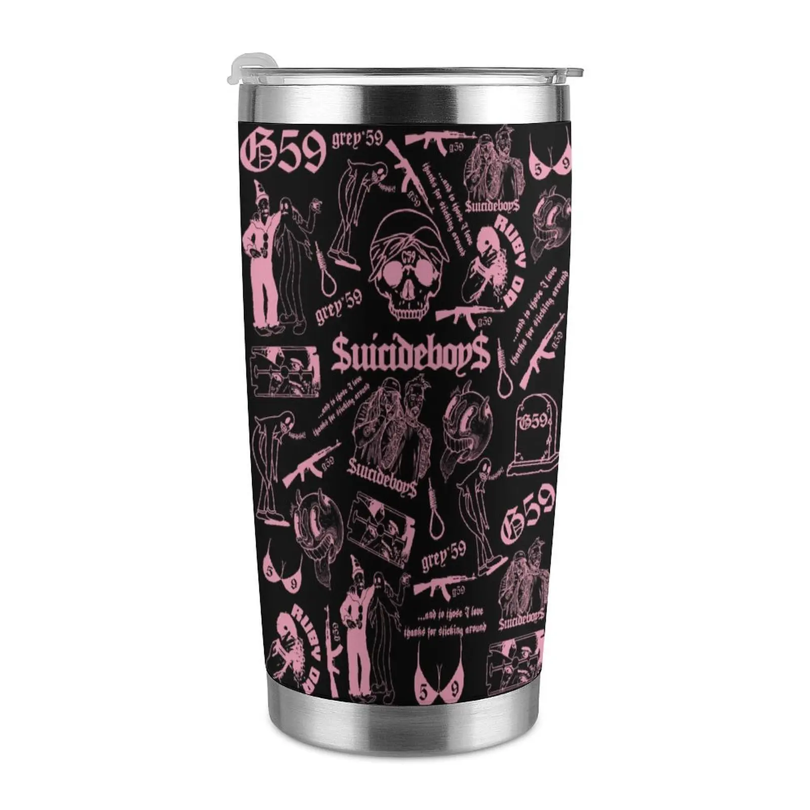 G59 Collage Tattoo Tumbler, Dark Gothic Skull Print Cup, Black Base Travel Tumbler, Rap Fan Gift, 20oz Double Wall Tumbler, Handle Stainless Steel Car Cup, Gift for Fans