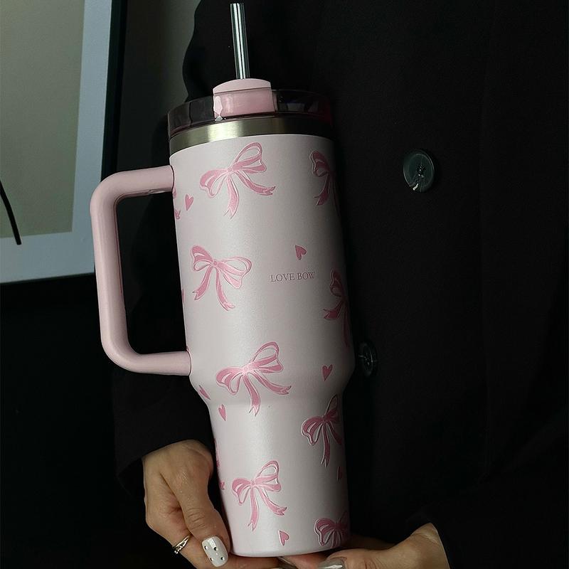 Bow Pattern Tumbler Cup, 40oz Large Capacity Stainless Steel Insulated Cup with Handle, Portable Coffee Cup for Travel, School, Office, Outdoor, Gym, Drinkware, Vacuum Insulated Tumbler