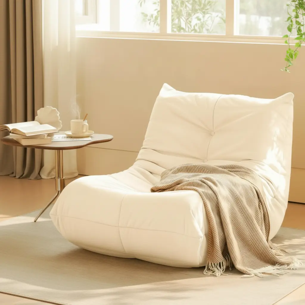 ARCH Luxury Button-Tufted White Flannelette Memory Foam Bean Bag Lounger Chair, Armless Comfy 1-Piece Indoor Accent Chair, No Assembly, 35.43in W, for Living Room, Bedroom, Bean Bag Chair