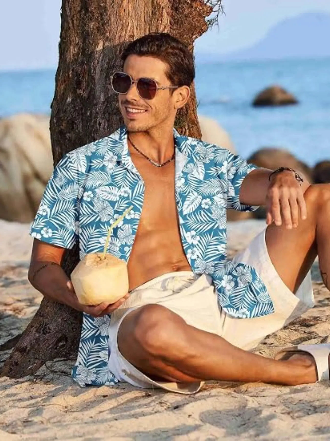 Men Turn‑Down Collar Short Sleeve Button Up Shirt Tropical White Hibiscus Flower Monstera Palm Leaf Full Sublimation Print Regular Fit Casual Shirt For Summer Vacation Beach Party Seaside Travel Daily Street Wear