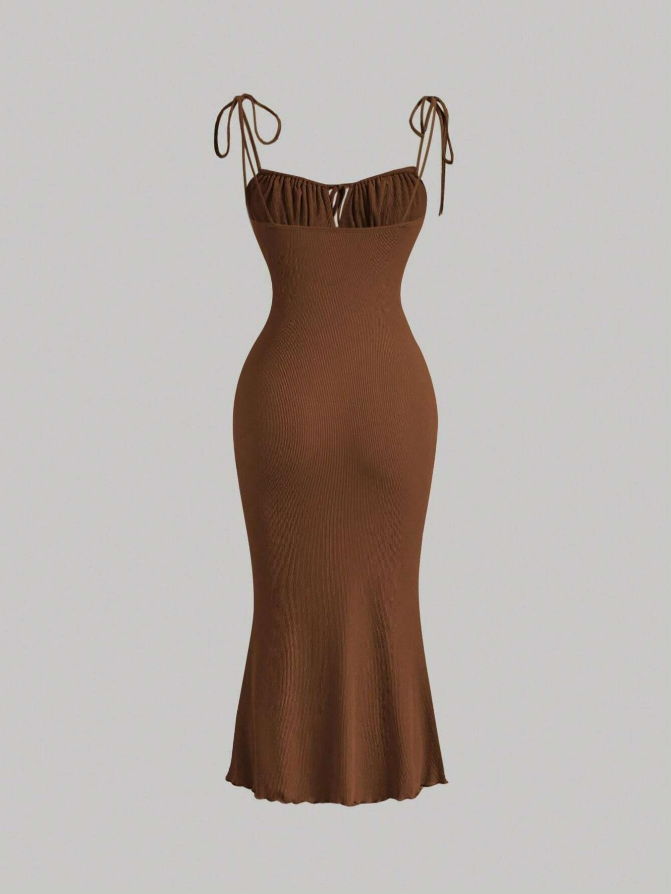 Women's Plain Ruched Lettuce Trim Tie Front Cami Dress, Casual Sleeveless Spaghetti Strap Adjustable Tie Shoulder Long Stretchy Bodycon Dress for Summer, Ladies Clothes for Beach Holiday