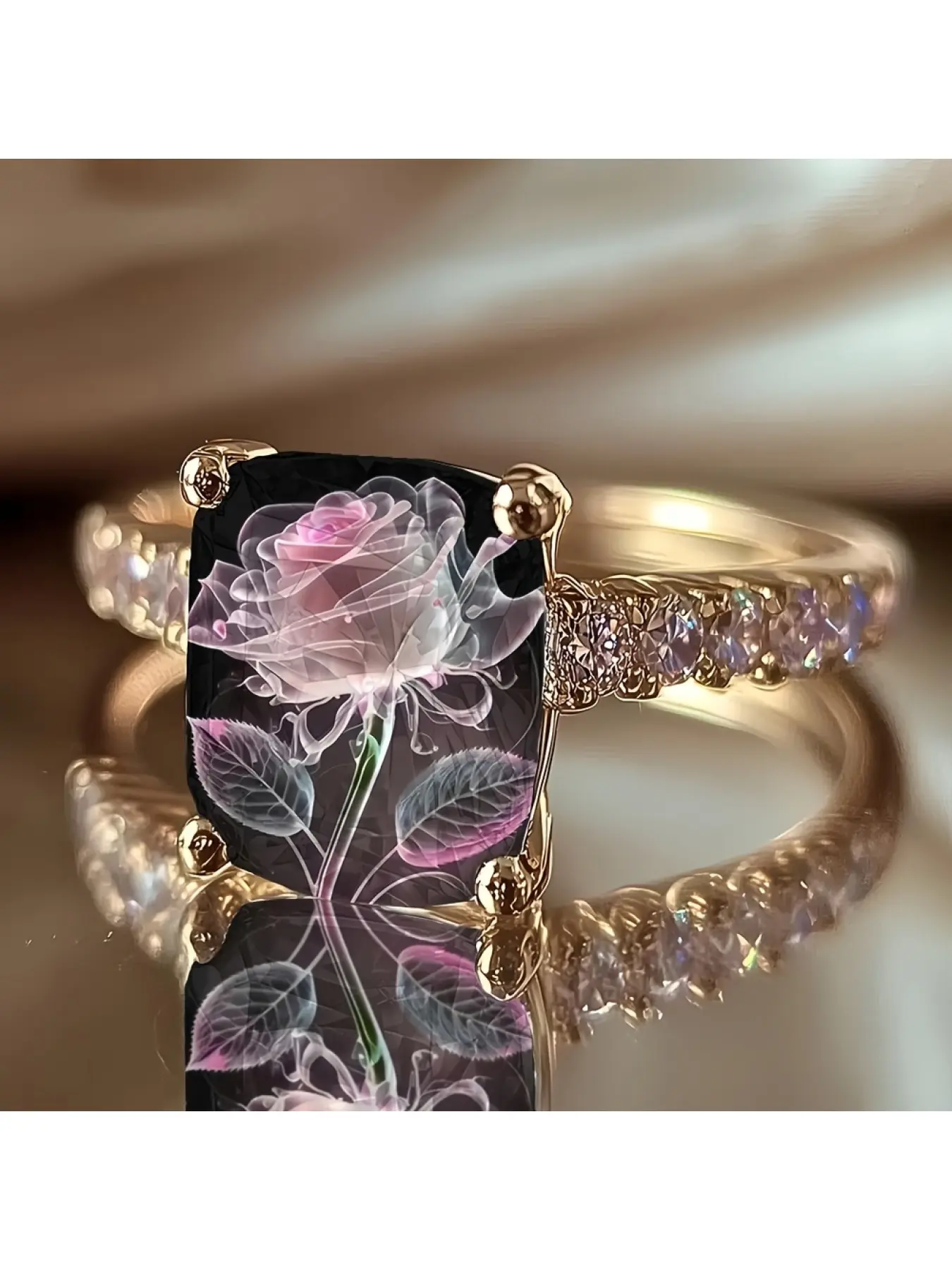 Dark Gothic-style see-through pink rose rectangular large center stone ring with a light luxury and sparkling diamond design, a romantic accessory for anniversaries to give to your girlfriend