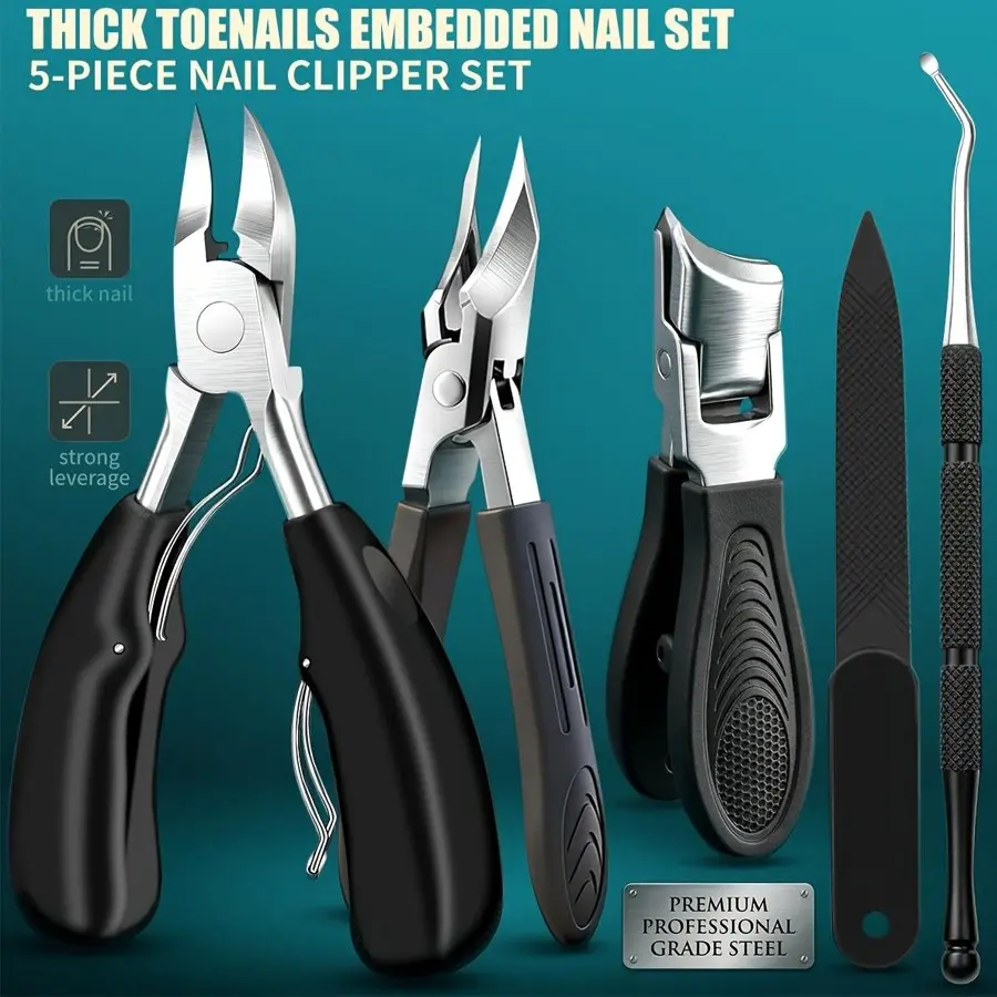 5pcs embedded nail specific nail groove pliers, eagle beak pliers, stainless steel nail trimming tool set, thick and hard nails, large opening nail clippers, nail files, nail clippers, anti slip handles, Manicure Accessory Set, Nail Care Kit