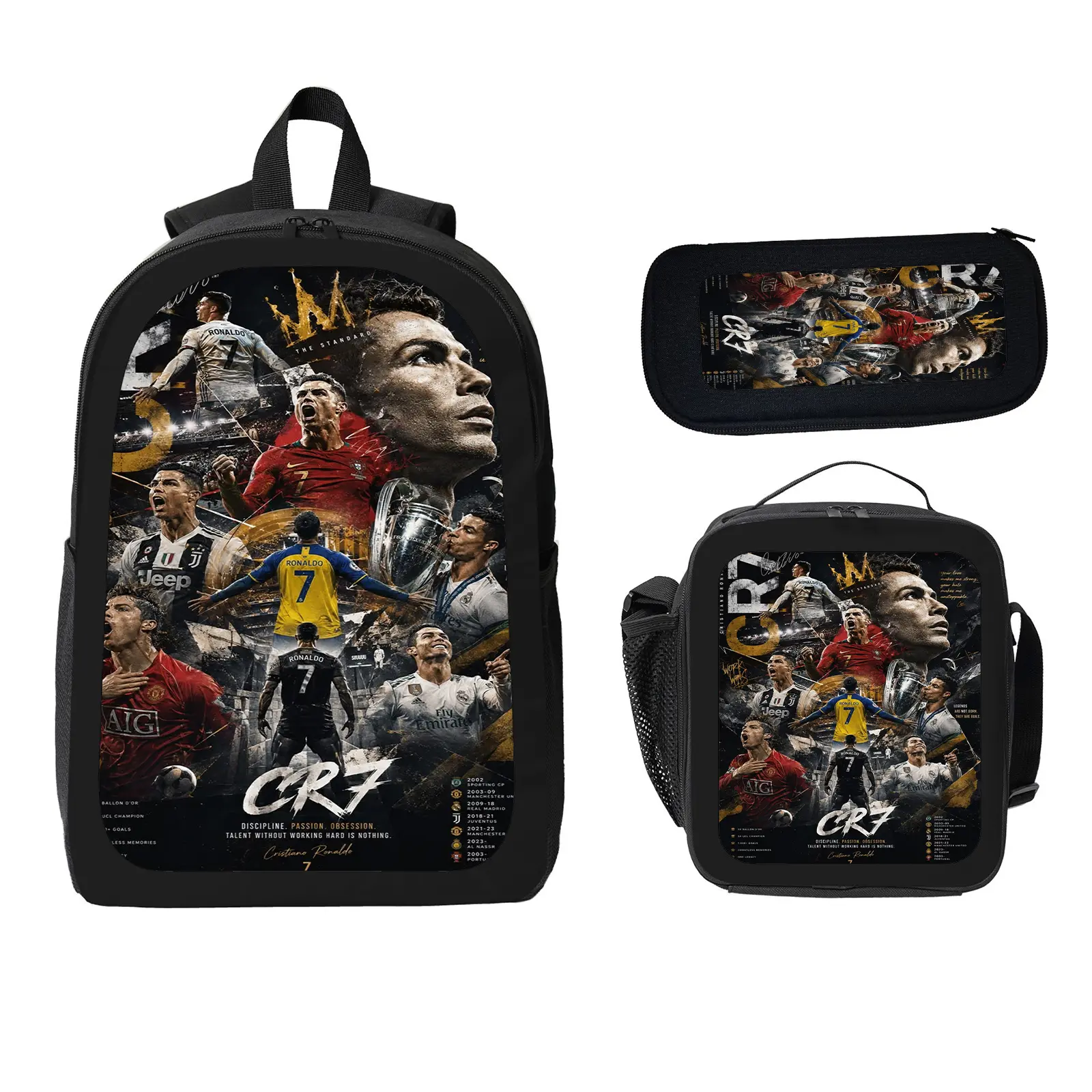 CR7 Kids' 3-Piece School Backpack Set, Large Capacity Bookbag with Insulated Lunch Bag & Pencil Case, Water-Resistant Daypack for Elementary-Middle School Students, Set Pack