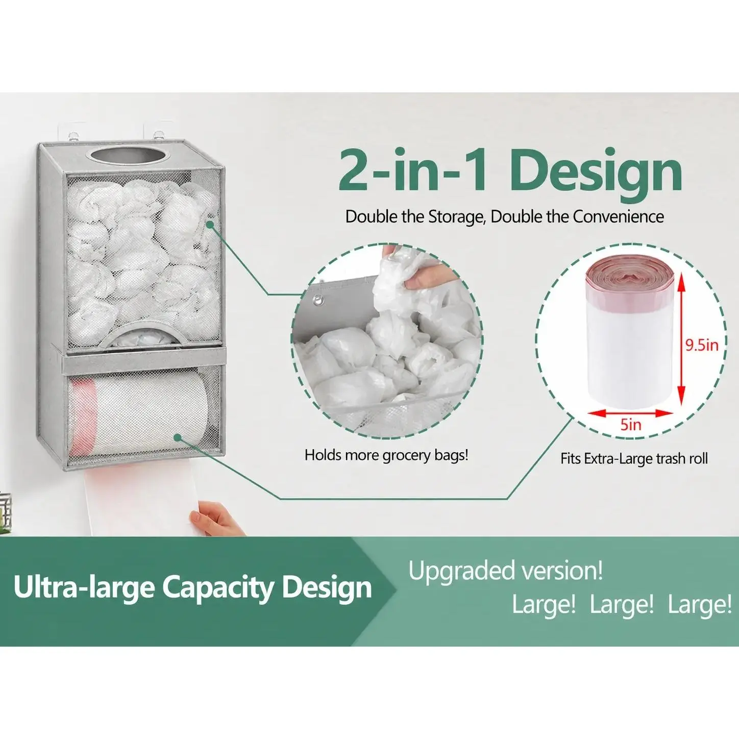 2-in-1 Plastic Grocery Bag Holder and Dispenser, Kitchen Storage Organizer for Shopping Bags and Household Bag Organization