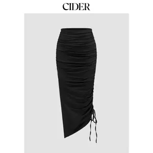 Cider [size 2-10] Mid Rise Solid Drawstring Split Maxi Skirt
