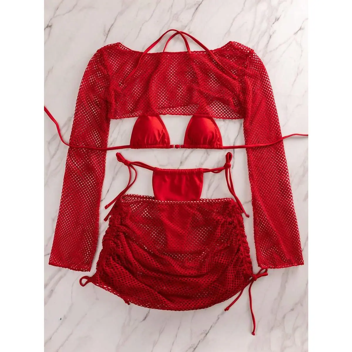 Women's 4-Piece Halter Bikini Set, Solid Burgundy Triangle Top and Tie Side Bottoms with Mesh Skirt Cover Up, Beach Wear, Mesh Fabric, Four Pieces, Includes Skirt