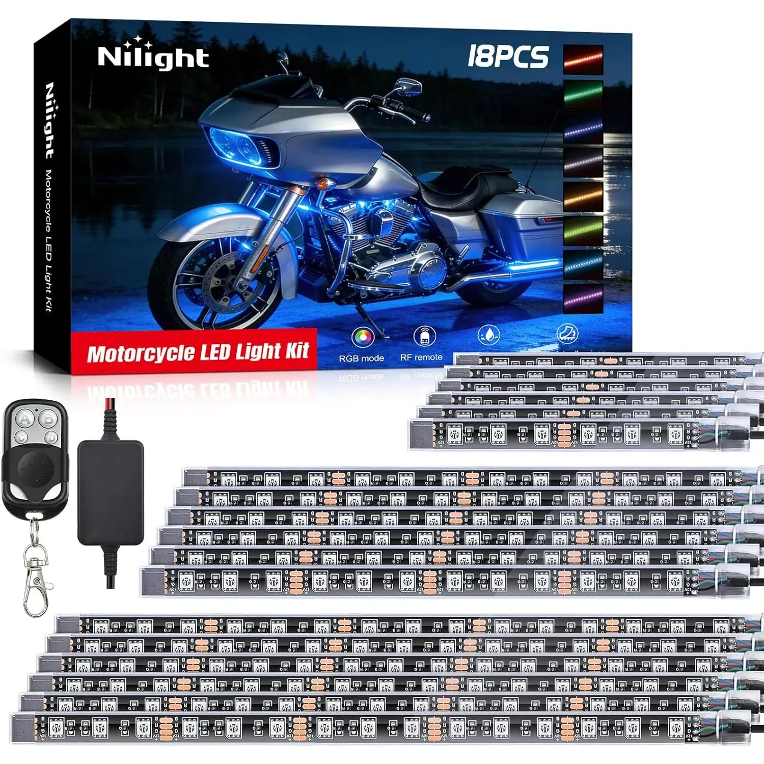 Nilight 18PCS Motorcycle RGB Led Light Kit Waterproof Multi Color Atmosphere Neon Accent Lights Lamp with RF Wireless Remote for Harley Davidson Honda Kawasaki Yamaha Suzuki bulb