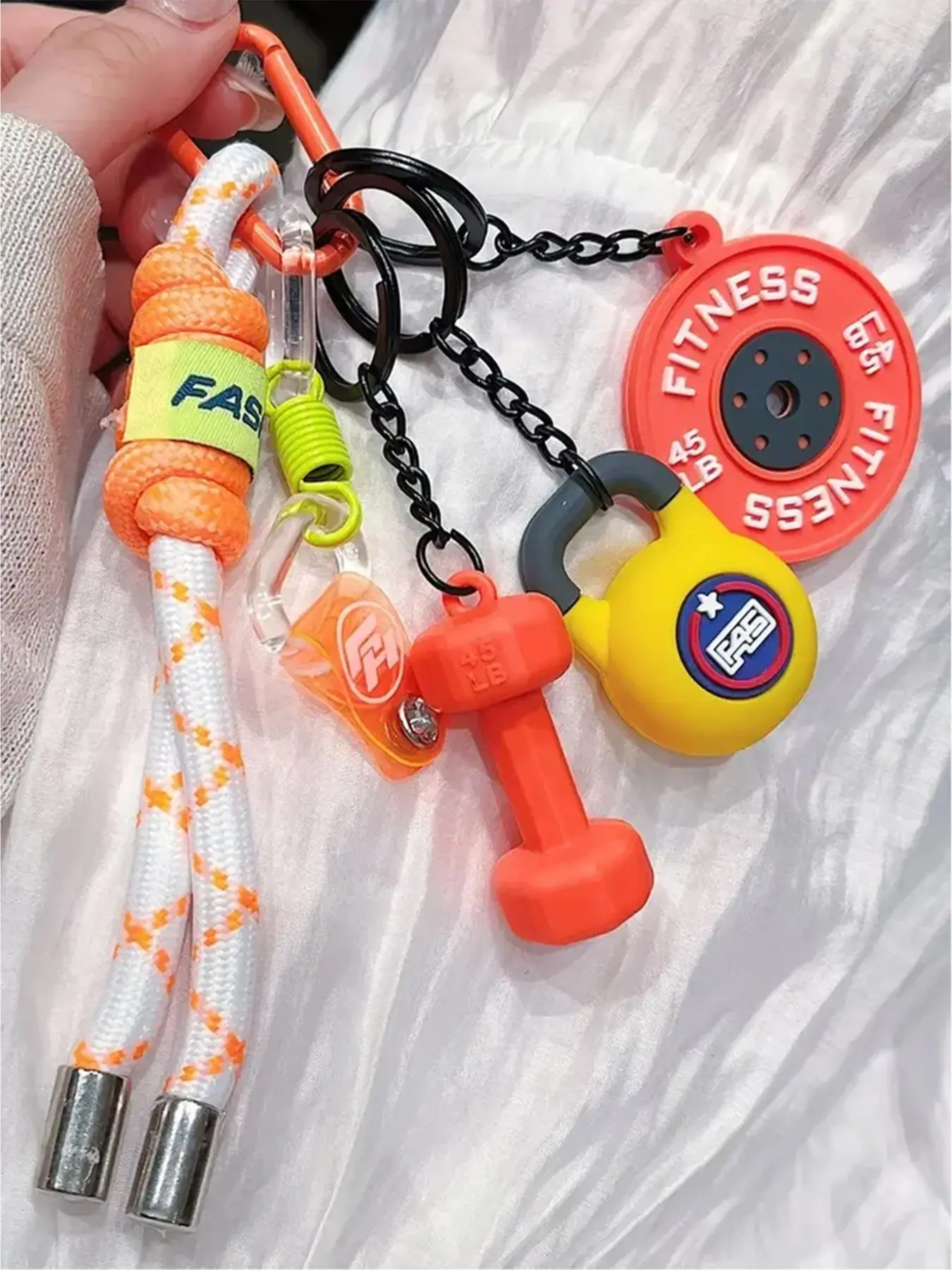 Full Set Fitness Equipment Keychain With Pink Checkered Braided Lanyard, Mini 5KG Dumbbell Kettlebell 45LB Weight Plate Shaker Bottle Charms, Dopamine Gym Bag Charm Anti-lost Key Holder For Women Teen Girls Workout