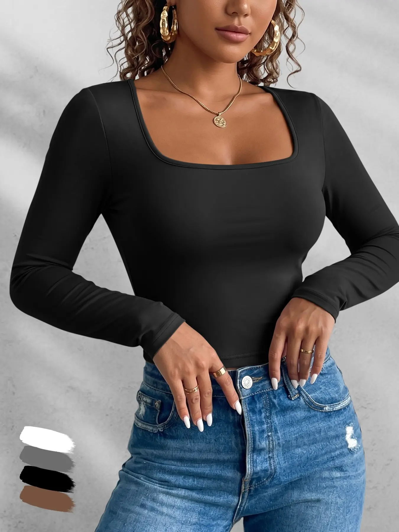 Women's Spring Fall Long Sleeve Slim Fit Basic Fashion Casual Everyday Deep U-Neck Tight T-Shirt, Elegant Solid Color Top, Elastic Fabric