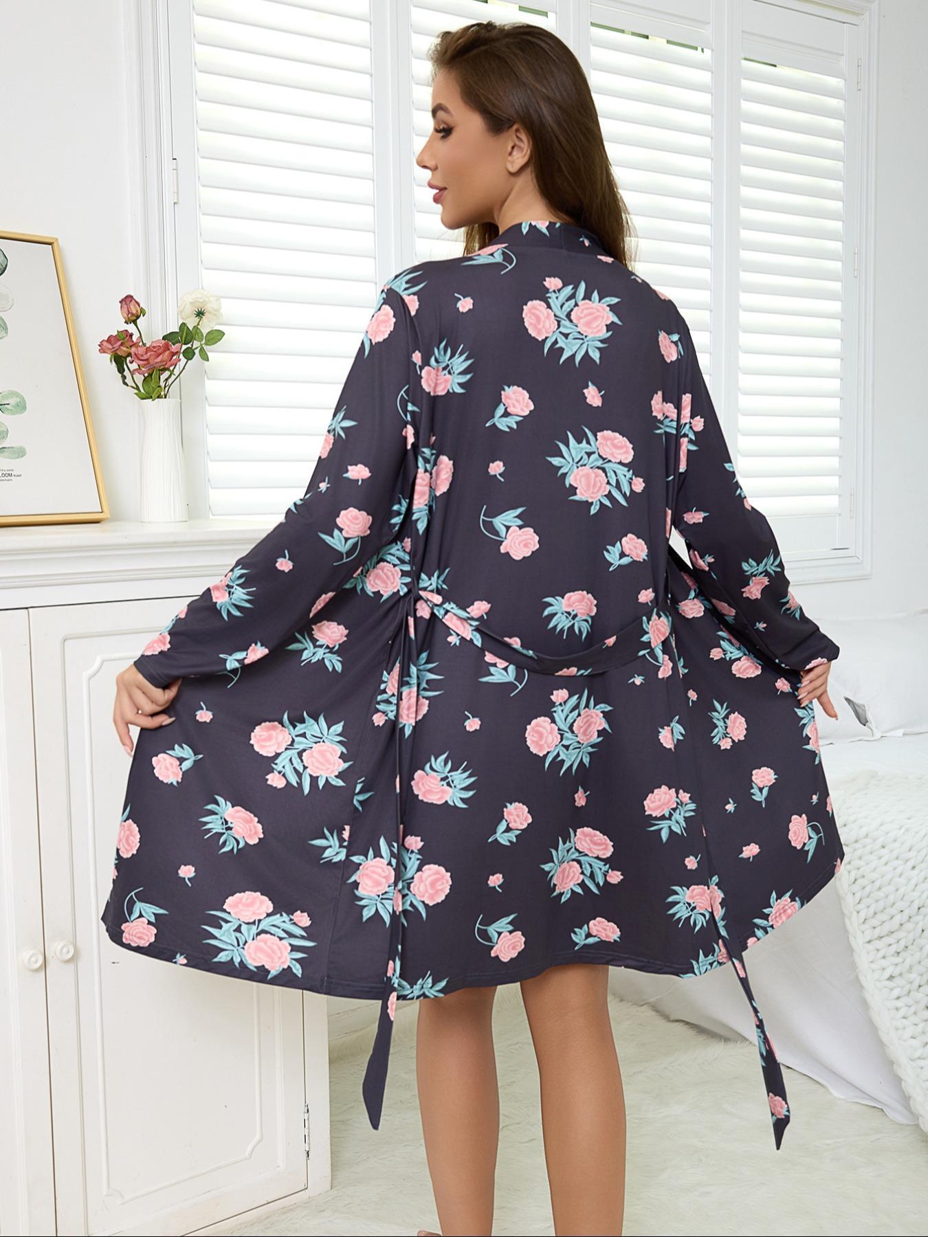 Floral Print Women's Robe and Slip Dress 2 Piece Set, Elegant and Comfortable Long Sleeve Sleepwear Dress for Casual Home Wear