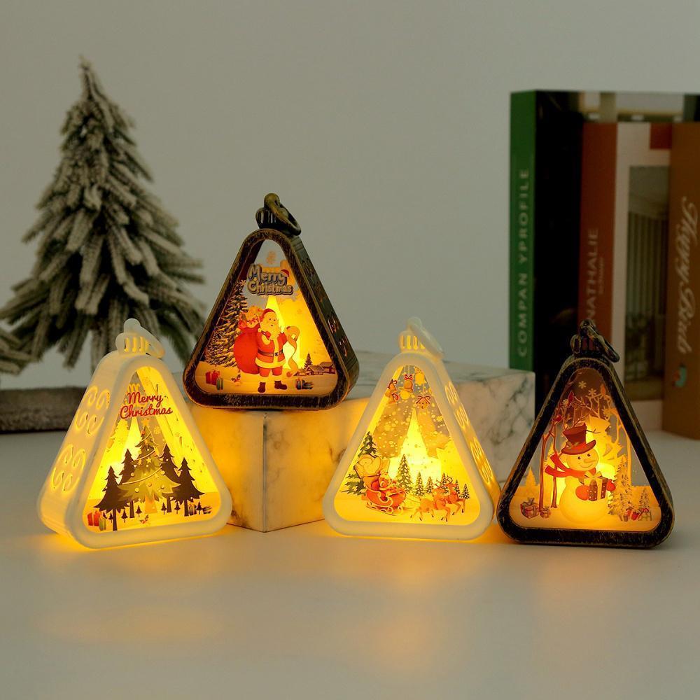 Christmas Triangle Lantern Plastic Santa Claus Snowman Tree Festival Lamp Mini Table Ornaments Home Decoration Party Scene Props