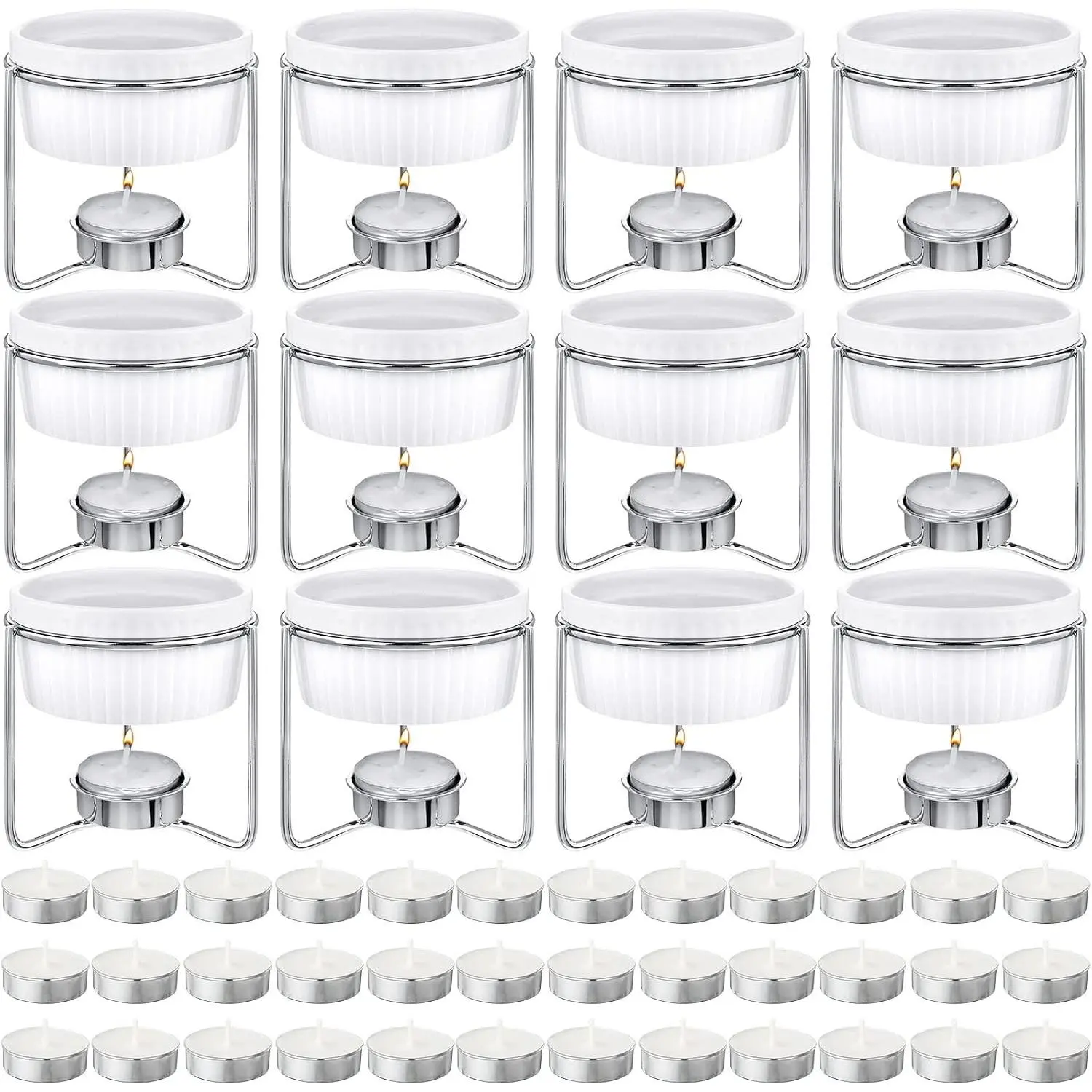 60 Pcs Ceramic Butter Warmers Set, Include 12 Butter Warmers for Seafood Melter with Stands, 48 Tea Light Candles Food Warmer Candle for Fondue Chocolate Dishwasher Microwave Oven Safe