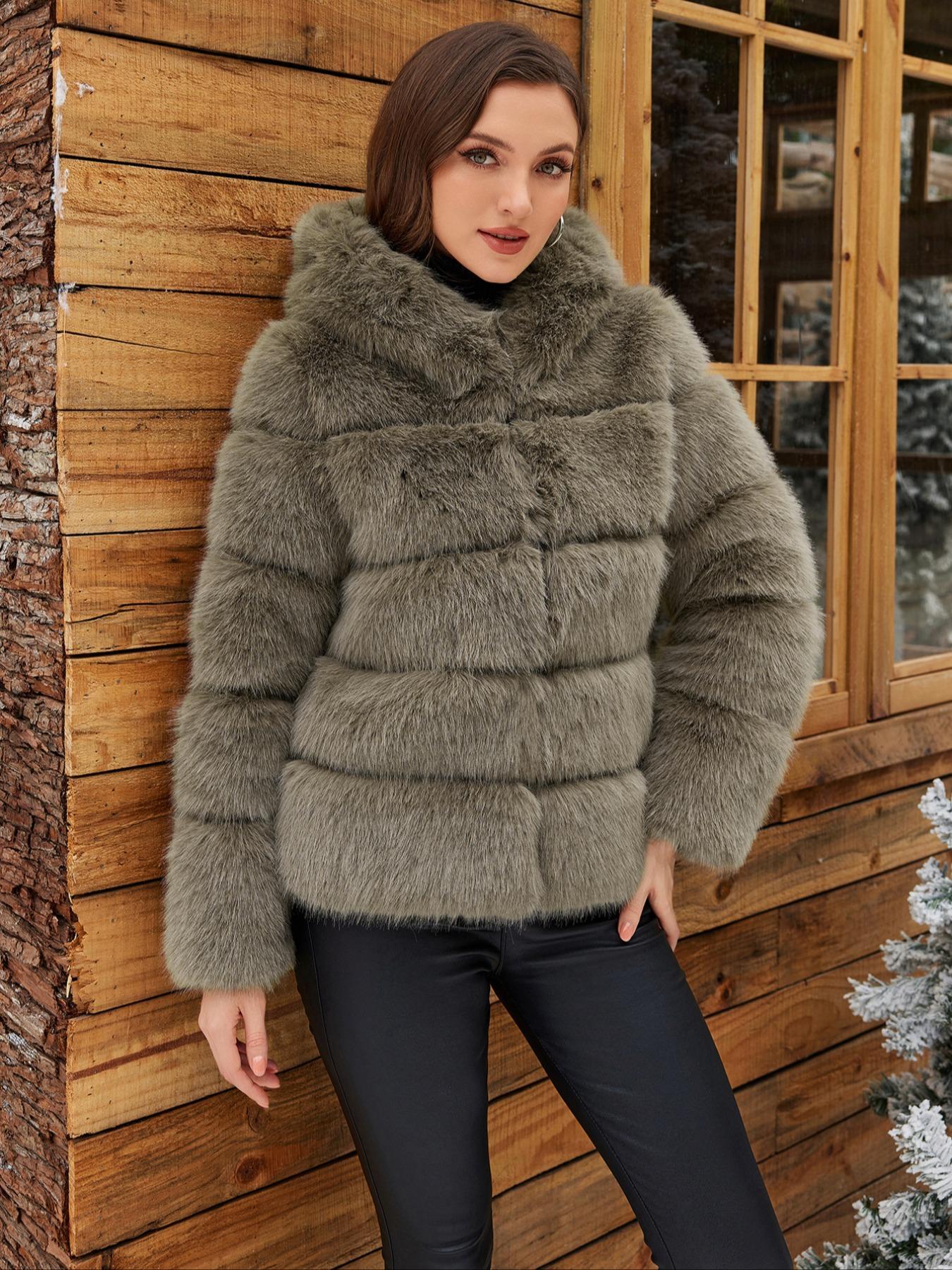 Women's Solid Color Faux Fur Jacket, Casual Long Sleeve Thermal Outerwear for Fall & Winter, Women's Clothing for Daily Wear