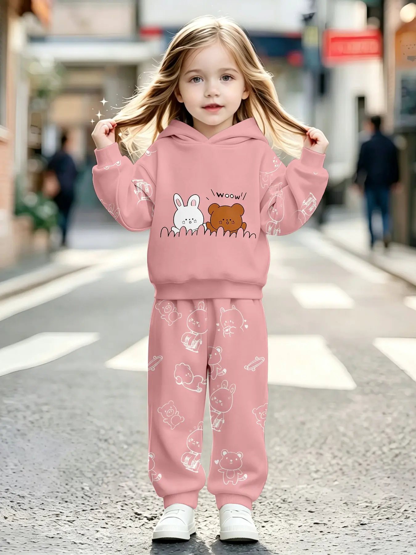 Girls' Neon Rainbow Cat Hoodie Set, Full Print Fitted Jumper & Pants, Casual Fall Winter, Perfect for Parties & Gifts
