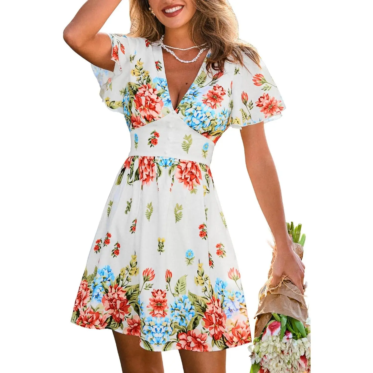 CUPSHE Women's Summer Dresses 2026 Floral V Neck Short Sleeve A Line Sundress Casual Boho Beach Vacation Cute Flowy Dress