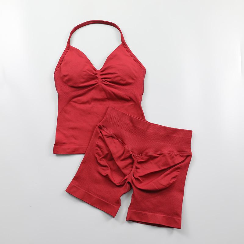 Impact Seamless Yoga Set Women 2Pcs Padded Halter Tank Top Scrunch Butt Lifting Gym Shorts Set Summer Sportswear Workout Clothes Sporty High Stretch Breathable Outfits Sporty High Stretch Sporty Breathable Outfits