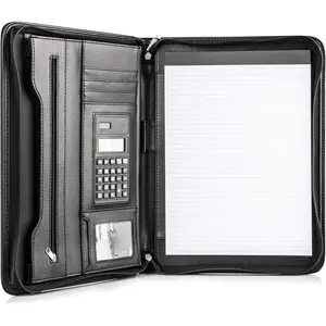 Black  Vegan Leather Business Portfolio with Zipper - Padfolio -in-. Smartest Protective 10.1 Inch Tablet Sleeve, Presentation Slot, Solar Calculator, Card Storage, Writing Pad