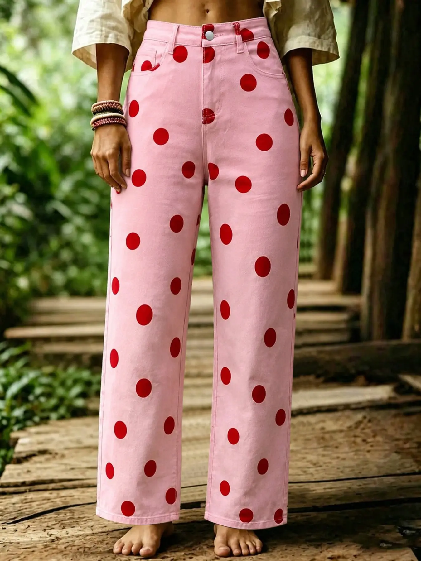 Women's Denim Wide-Leg Trousers, Pants, Polka Dot Pattern, High Waist, Loose-Fitting, Casual Style, All Seasons, Elastic Fabric, Long Length, Casual Chic Trousers
