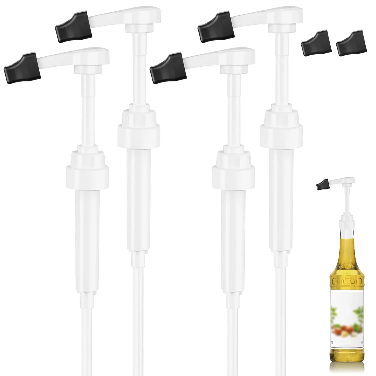 4-Pack Thick Durable Plastic Coffee Syrup Pumps for 750 ml Bottles - Leakproof, No-Clog Dispensers Compatible with Monin Glass Bottles, Includes 6 Tip Covers - For Coffee Bar, Kitchen, White Drink Station Tidy Tool