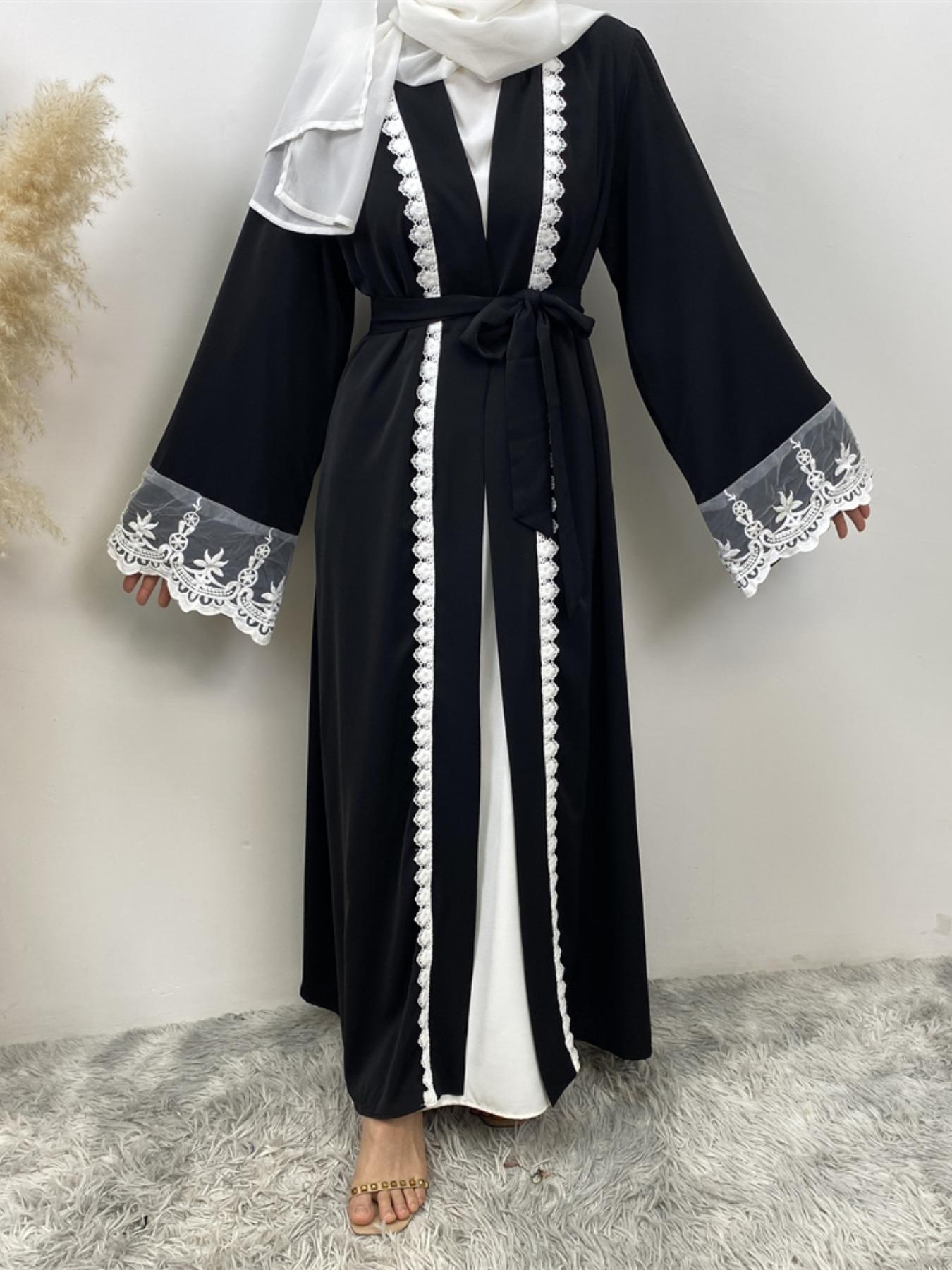 Women's Contrast Lace Belted, Elegant Long Sleeve Open Front Abaya Modesty Abaya for Party Holiday Vacation, Ladies Islamic Clothing for All Seasons