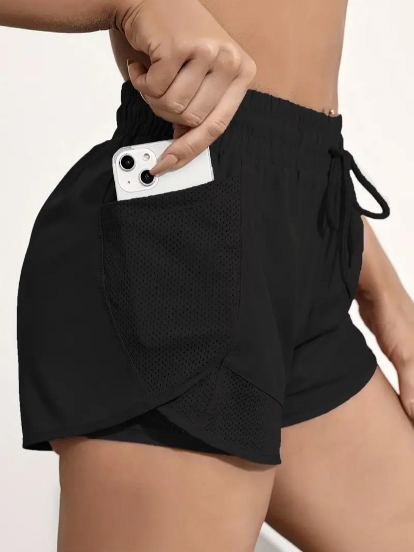 Women's Plain Pocket Drawstring Waist Sports Shorts, Gym Shorts, Sporty Quick-drying 2 in 1 Wrap Shorts, Women's Sportswear for Running Workout, Outdoor Sports Shorts