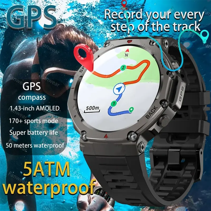 GPS Outdoor Smartwatch Features True Dual-Band GPS Positioning, Compass, Barometric Pressure, Altitude Height, Wireless Calls, Metal Casing, 5ATM Water Resistance, Dustproof, AMOLED Full Touch HD Screen With Multi Sports Modes, Valentine's Day Gift